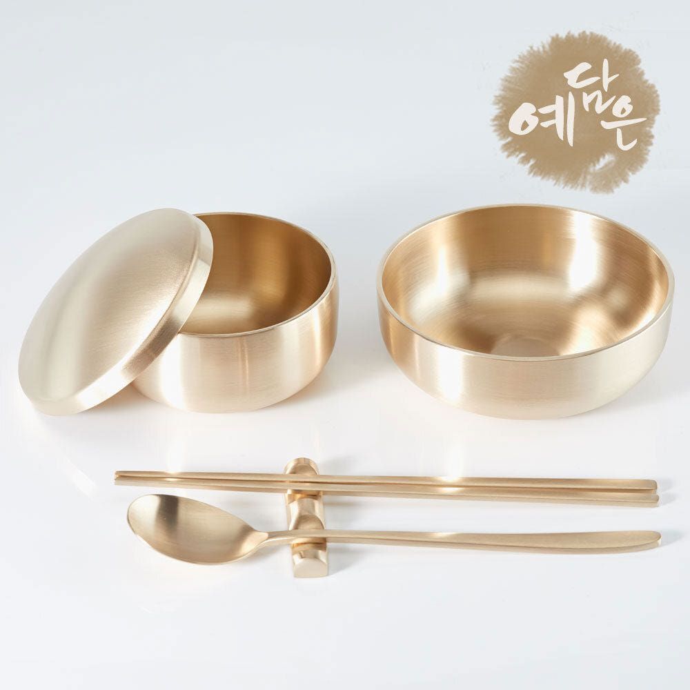 YEDAMUN Premium Bangjja Bronze Korean Tableware Set for One – Handmade Traditional Yugi Brass Rice Bowl Soup Bowl Spoon Chopsticks | Korean Traditional Golden Cutlery Dinnerware _ Made in KOREA